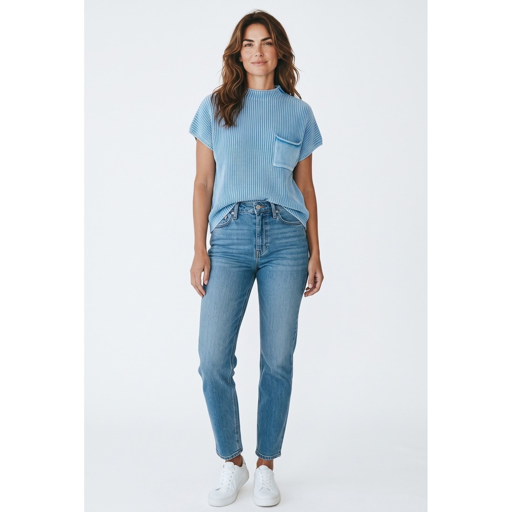 Zenana Light Blue Ribbed Knit Mock Neck Short Sleeve Sweater Top with Pocket